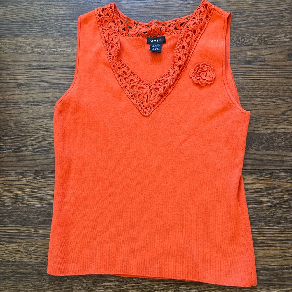 Evie Women's Vibrant Silk blend Orange Sweater Tank with Lace and Floral Detail